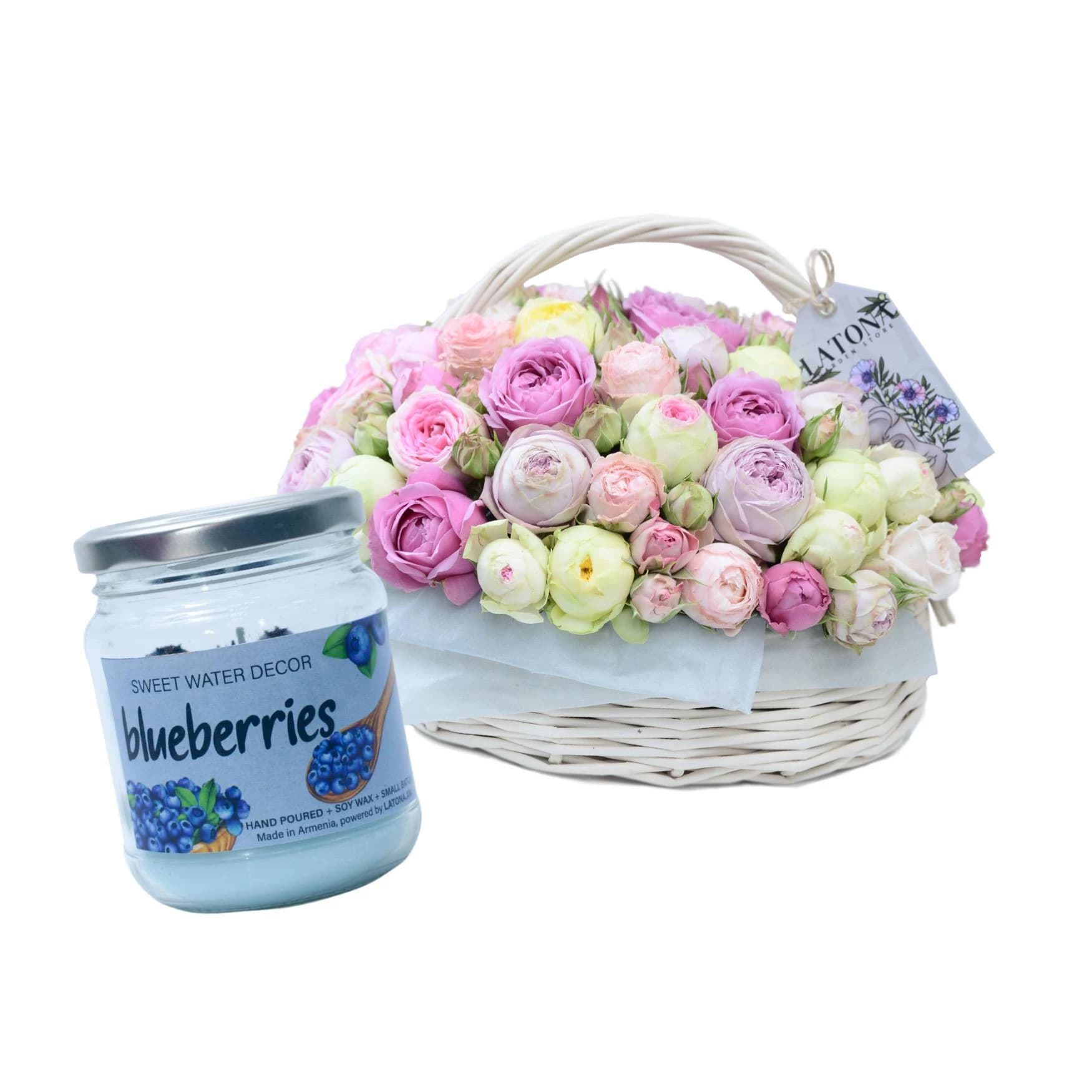 Gift Set AROMA COMBO with branded basket flowers and hand-make aroma candle