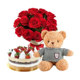 Gift Set ROMANTIC COMBO with red bouquet roses, cake and bear