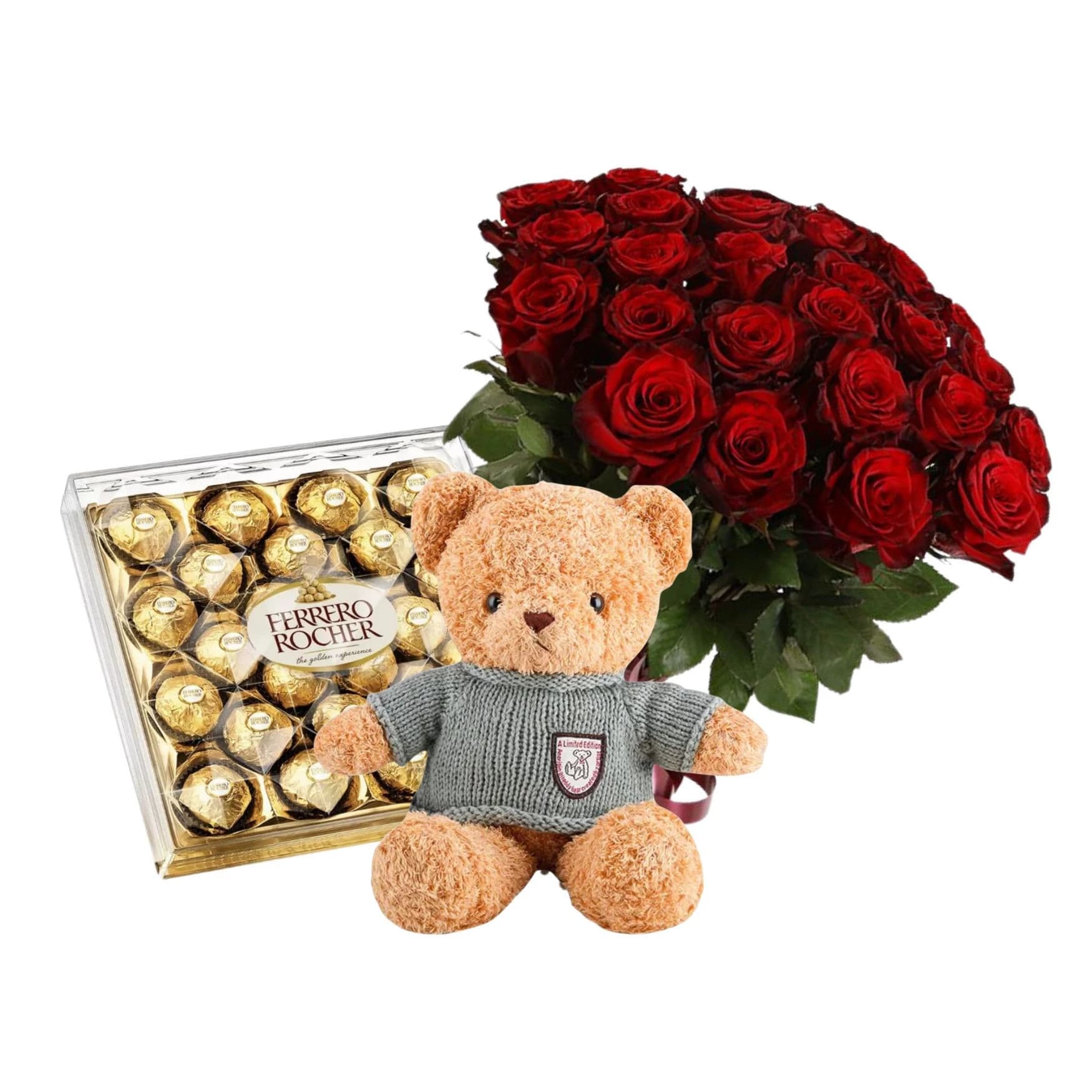 Gift Set ROMANTIC COMBO 2 with red bouquet roses, cake and bear