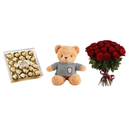 Gift Set ROMANTIC COMBO 2 with red bouquet roses, cake and bear