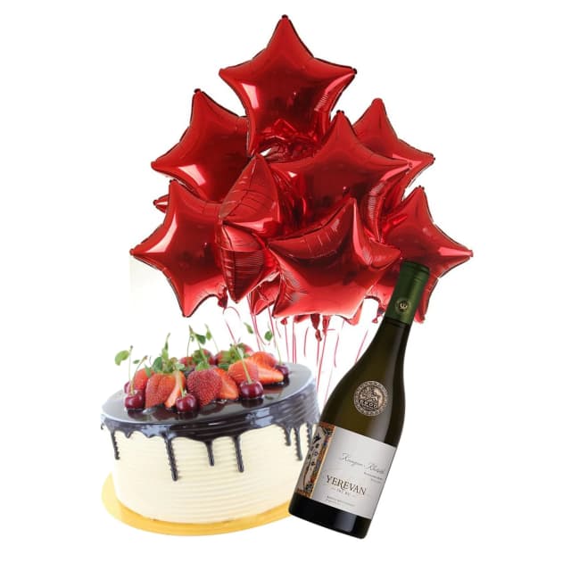 Gift Set BIRTHDAY STAR with red star balloons, wine and cake