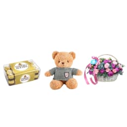 Gift Set GARDEN COMBO with flower basket, ferrero and soft bear