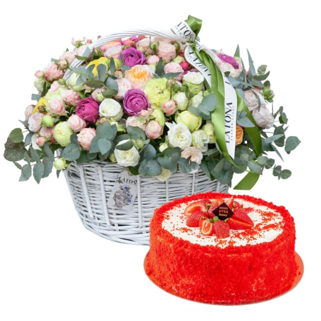 Gift Set VELVET BASKET with flower basket and red velvet cake