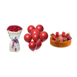 Gift Set RED BIRTHDAY with red bouquet roses, balloons and cake