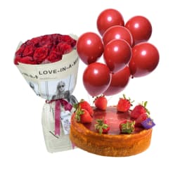 Gift Set RED BIRTHDAY with red bouquet roses, balloons and cake